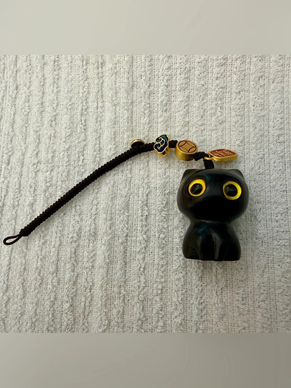 Black Cat Phone Charm with Gold-Accent Beads